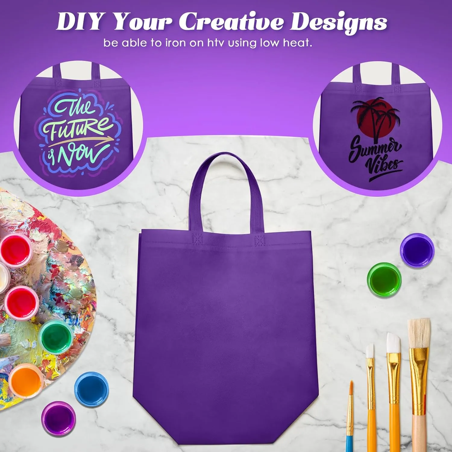 Reginary 50 Pieces Reusable Totes Bag Bulk Shopping Bags Non Woven Grocery handbag with Handles Foldable for Boutiques(Purple)