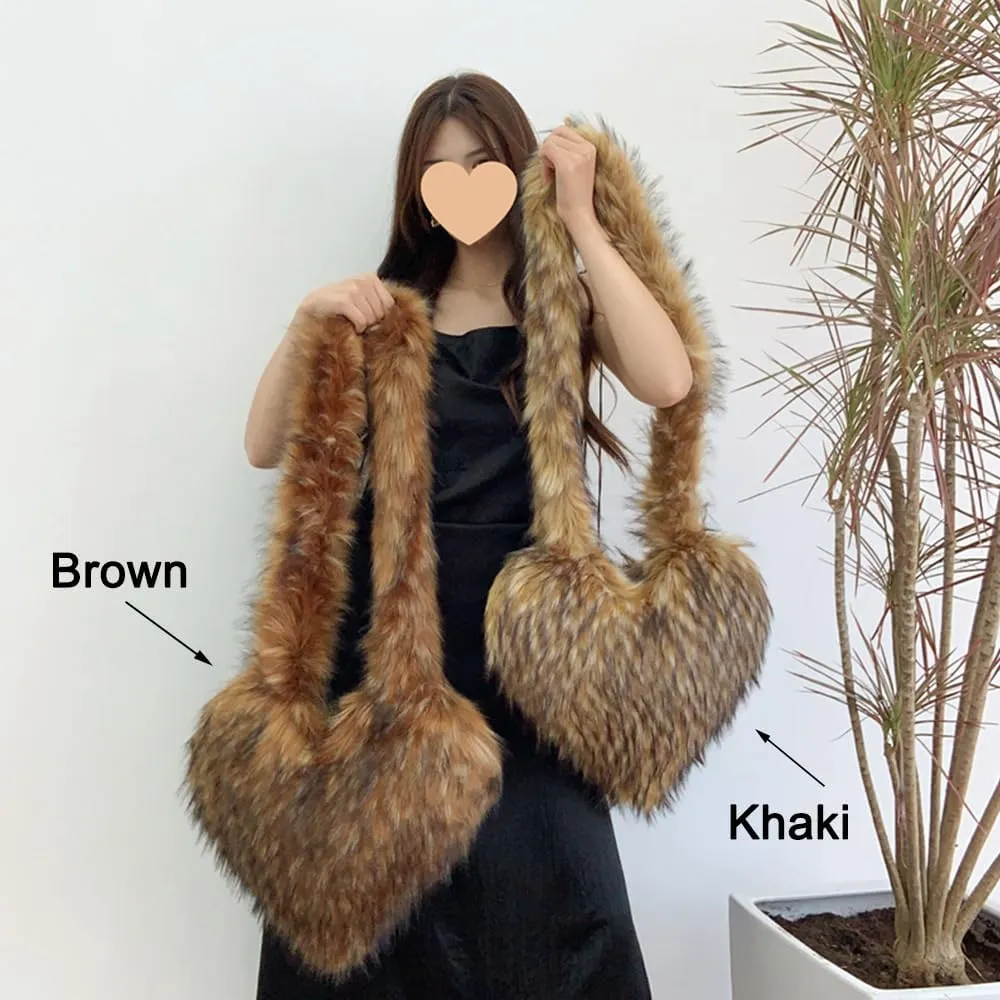 Rejolly Heart Shaped Furry Purse for Women Large Soft Shoulder Bag Fluffy Faux Fur Trendy Y2K Girls Handbag