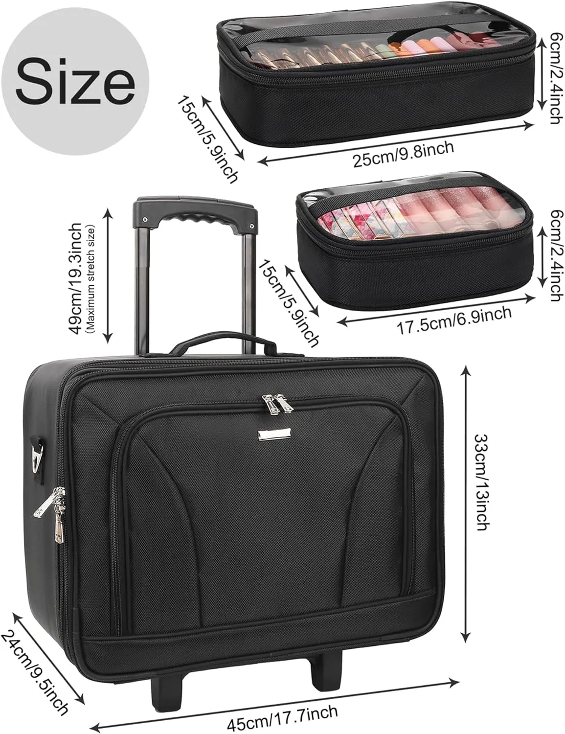 Relavel Extra Large Makeup Case Rolling Travel Train Case, 3 Layer with Insulation Compartment & Four Clear Storage Bags, Professional Makeup Artist Bag Portable Nail Organizer Box Art Supply Case