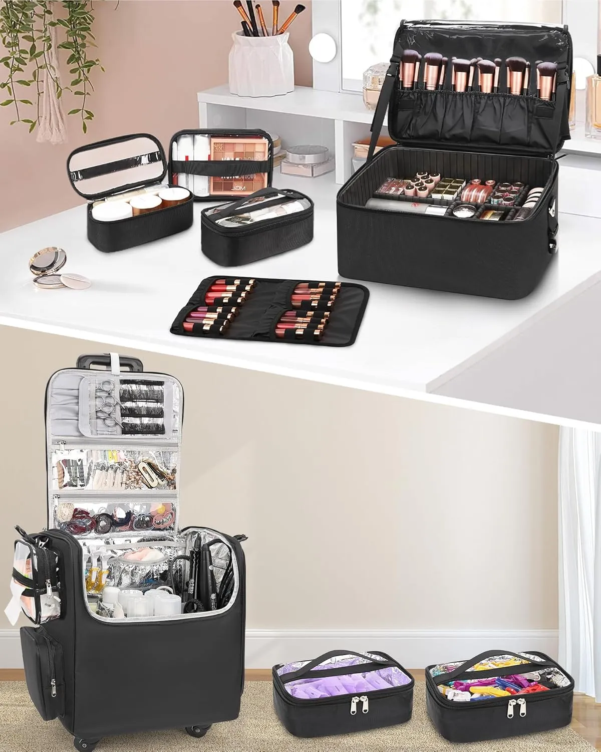 Relavel Rolling Makeup Train Case with Large Makeup Case, Hairstylist Traveling Bags with 5 Small Clear Bags, Cosmetology Case on Wheels, Hair Tools and Cosmetics Storage Organizer Trolley Suitcase