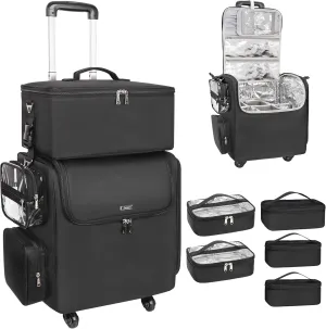 Relavel Rolling Makeup Train Case with Large Makeup Case, Hairstylist Traveling Bags with 5 Small Clear Bags, Cosmetology Case on Wheels, Hair Tools and Cosmetics Storage Organizer Trolley Suitcase