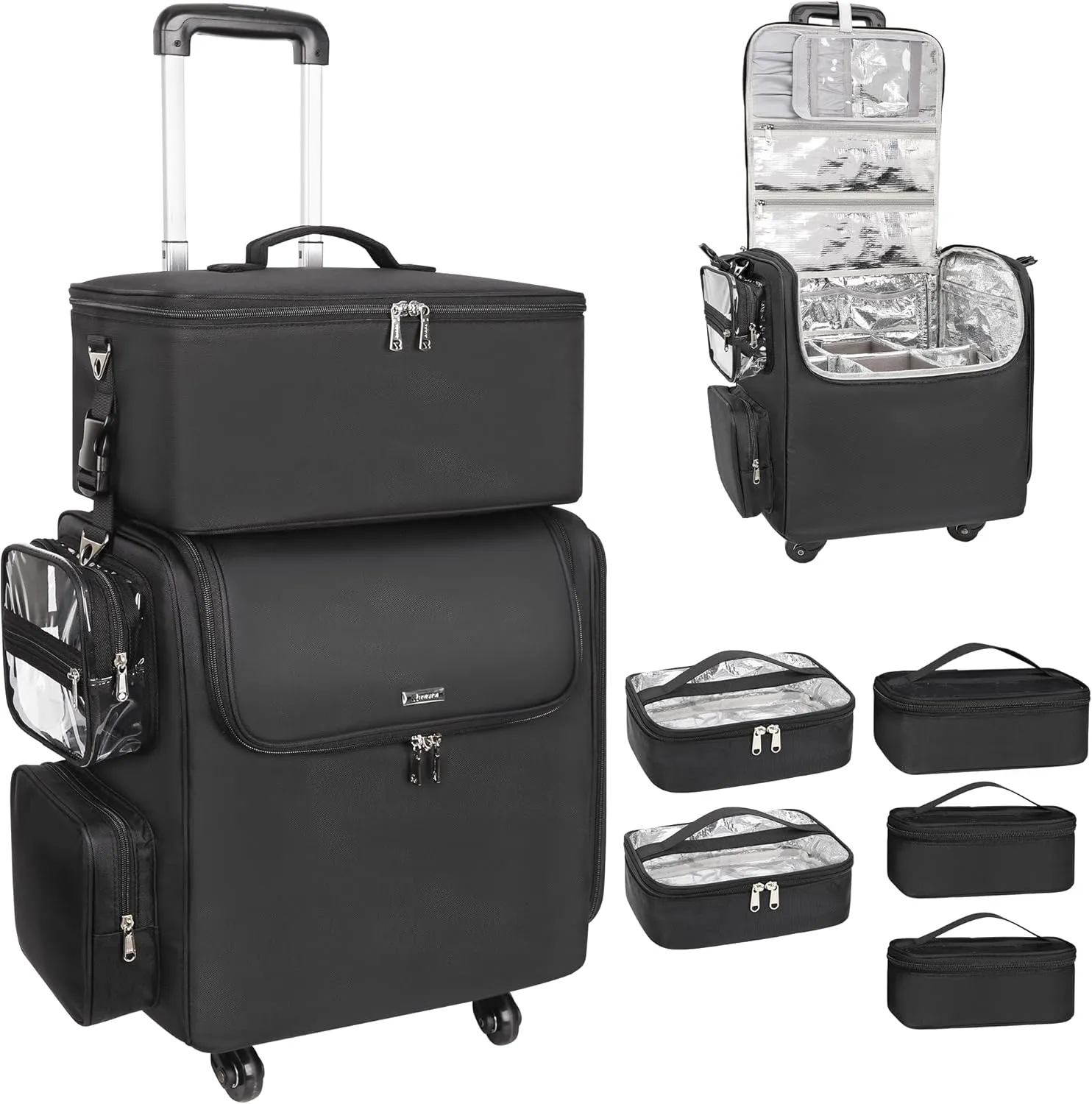 Relavel Rolling Makeup Train Case with Large Makeup Case, Hairstylist Traveling Bags with 5 Small Clear Bags, Cosmetology Case on Wheels, Hair Tools and Cosmetics Storage Organizer Trolley Suitcase