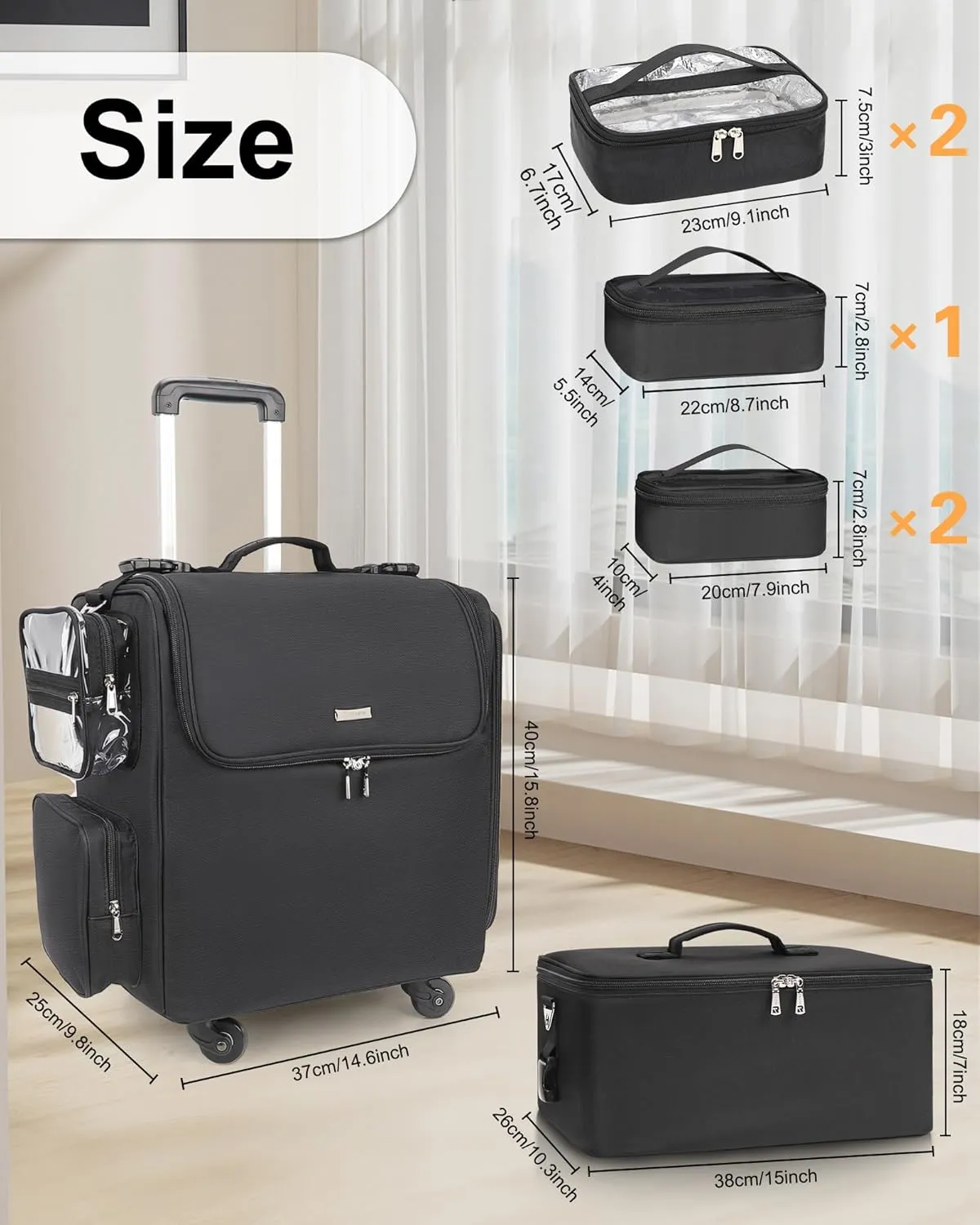 Relavel Rolling Makeup Train Case with Large Makeup Case, Hairstylist Traveling Bags with 5 Small Clear Bags, Cosmetology Case on Wheels, Hair Tools and Cosmetics Storage Organizer Trolley Suitcase