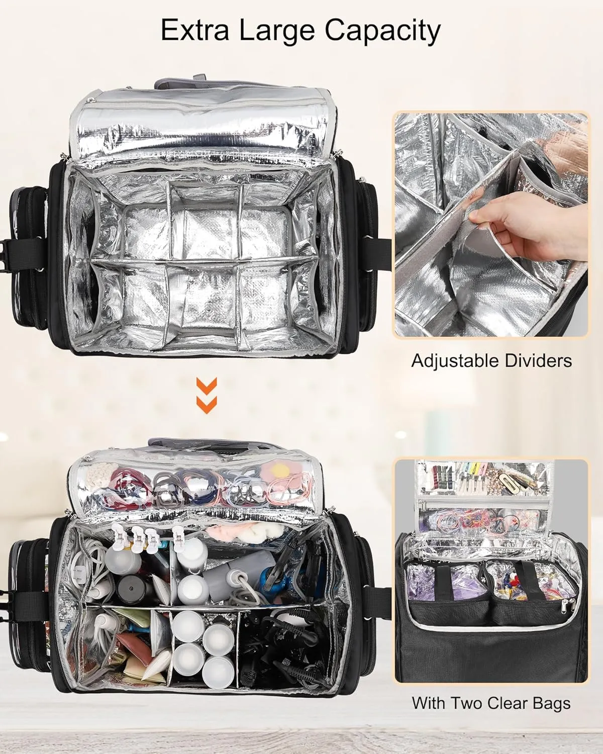 Relavel Rolling Makeup Train Case with Large Makeup Case, Hairstylist Traveling Bags with 5 Small Clear Bags, Cosmetology Case on Wheels, Hair Tools and Cosmetics Storage Organizer Trolley Suitcase