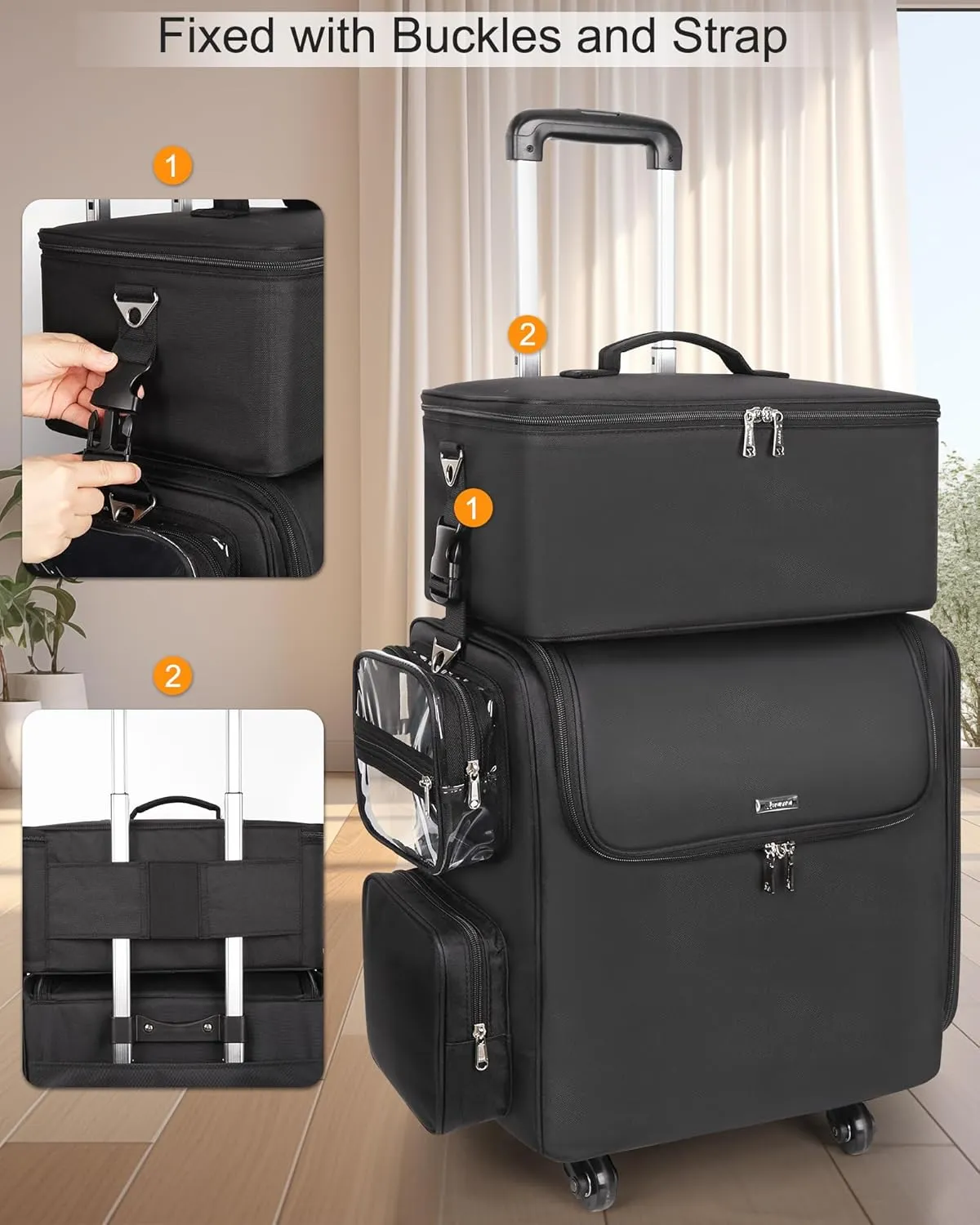 Relavel Rolling Makeup Train Case with Large Makeup Case, Hairstylist Traveling Bags with 5 Small Clear Bags, Cosmetology Case on Wheels, Hair Tools and Cosmetics Storage Organizer Trolley Suitcase