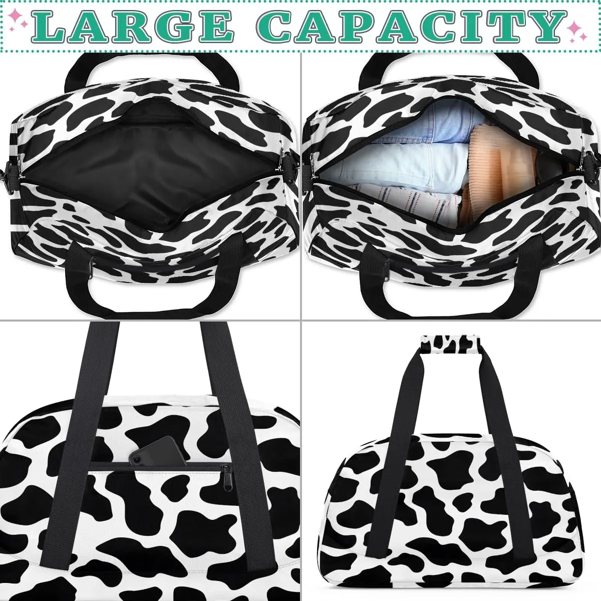 Retro Black White Cows Kids Overnighter Duffel Bags for Boys, Carry-On Size Sports Gym Bag with Front Zipper Pocket for School Practice or Overnight Travel Weekender Sleepover Tote Bag