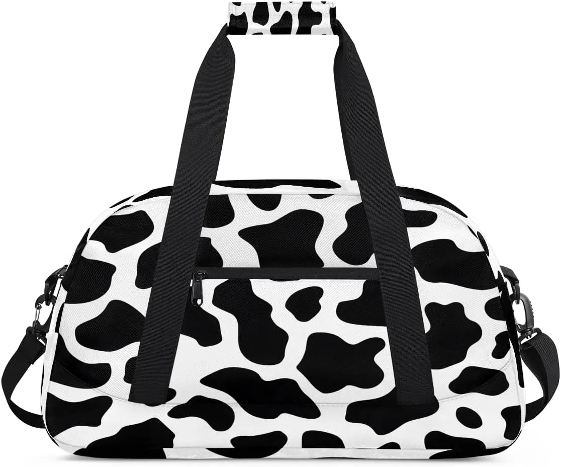 Retro Black White Cows Kids Overnighter Duffel Bags for Boys, Carry-On Size Sports Gym Bag with Front Zipper Pocket for School Practice or Overnight Travel Weekender Sleepover Tote Bag