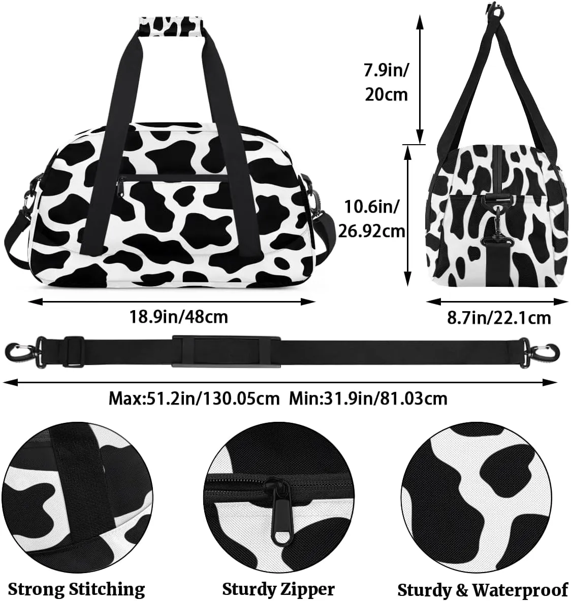 Retro Black White Cows Kids Overnighter Duffel Bags for Boys, Carry-On Size Sports Gym Bag with Front Zipper Pocket for School Practice or Overnight Travel Weekender Sleepover Tote Bag