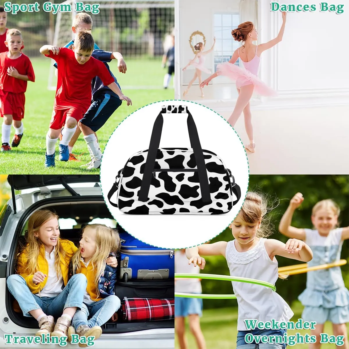 Retro Black White Cows Kids Overnighter Duffel Bags for Boys, Carry-On Size Sports Gym Bag with Front Zipper Pocket for School Practice or Overnight Travel Weekender Sleepover Tote Bag