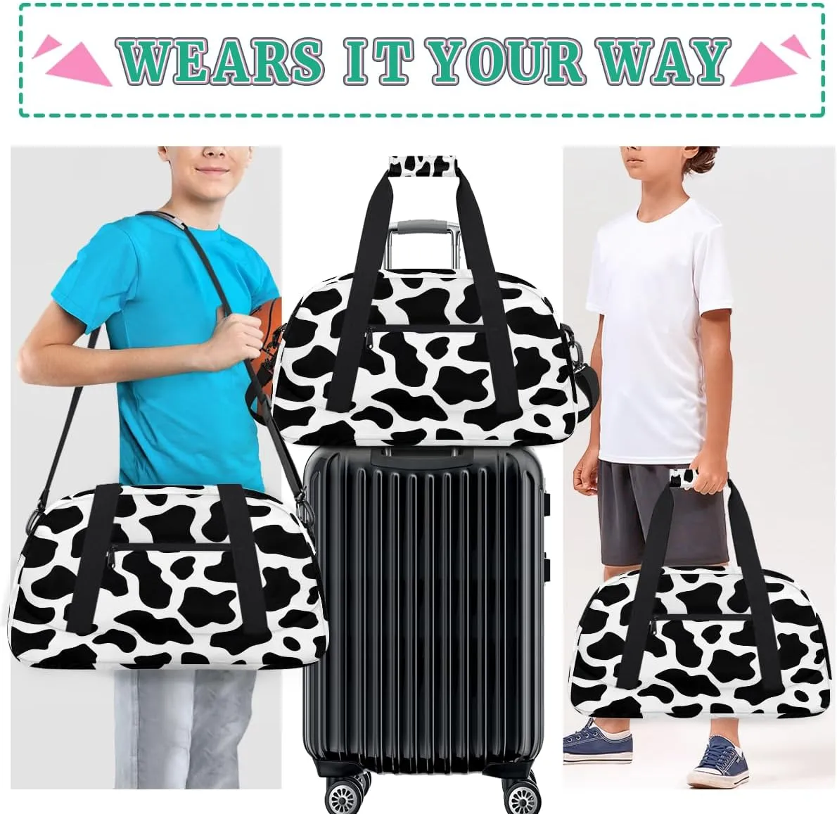 Retro Black White Cows Kids Overnighter Duffel Bags for Boys, Carry-On Size Sports Gym Bag with Front Zipper Pocket for School Practice or Overnight Travel Weekender Sleepover Tote Bag