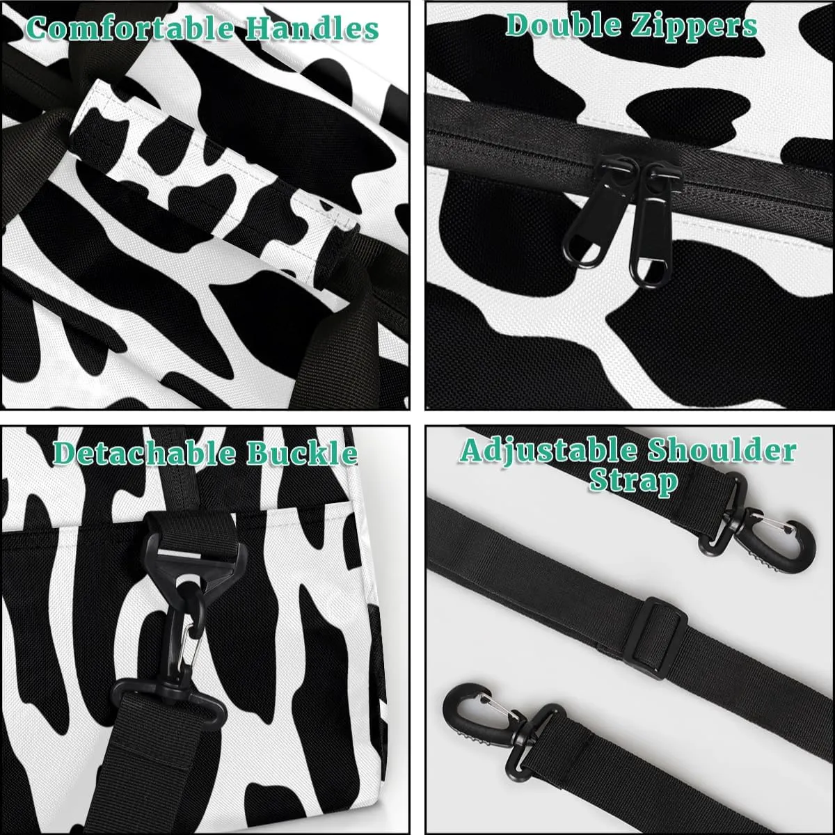 Retro Black White Cows Kids Overnighter Duffel Bags for Boys, Carry-On Size Sports Gym Bag with Front Zipper Pocket for School Practice or Overnight Travel Weekender Sleepover Tote Bag