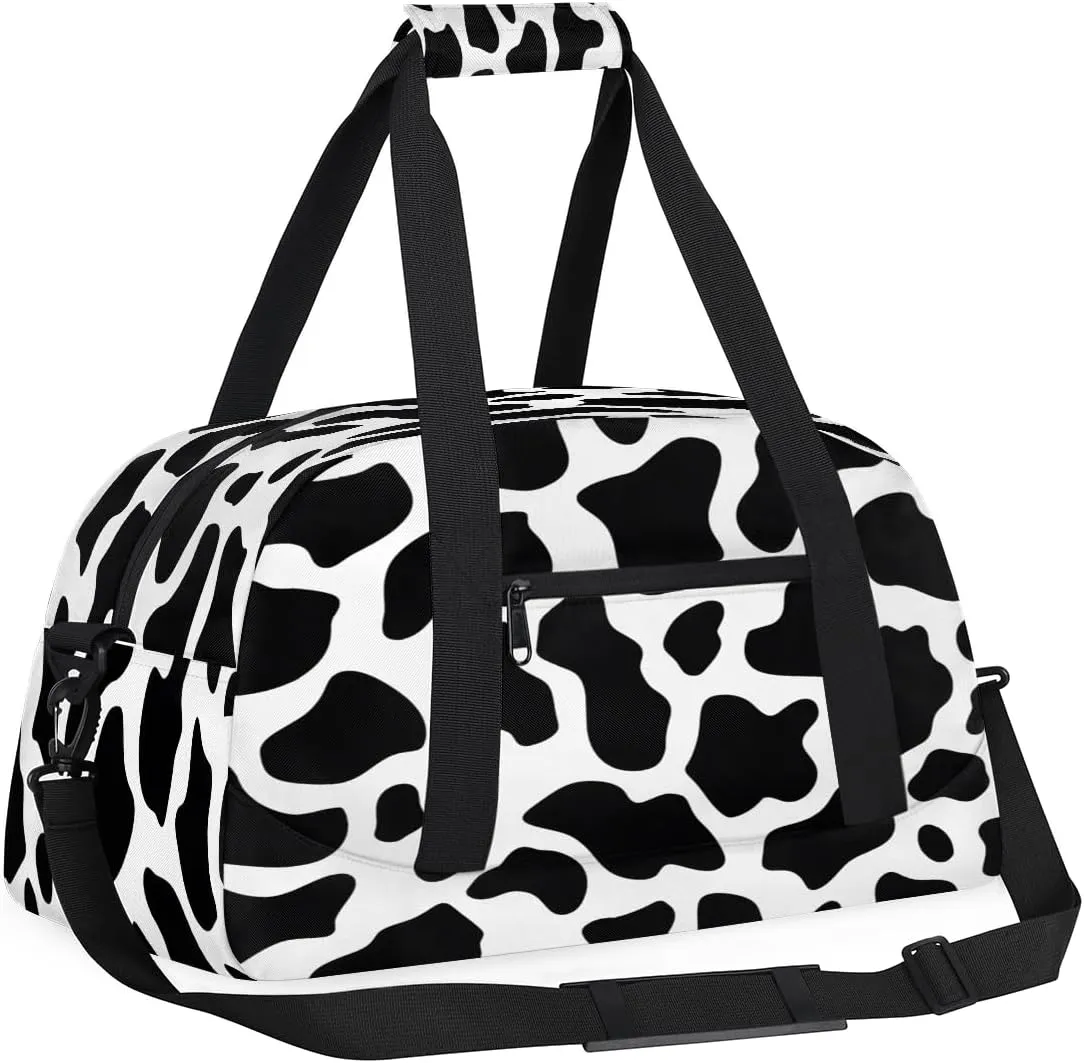 Retro Black White Cows Kids Overnighter Duffel Bags for Boys, Carry-On Size Sports Gym Bag with Front Zipper Pocket for School Practice or Overnight Travel Weekender Sleepover Tote Bag