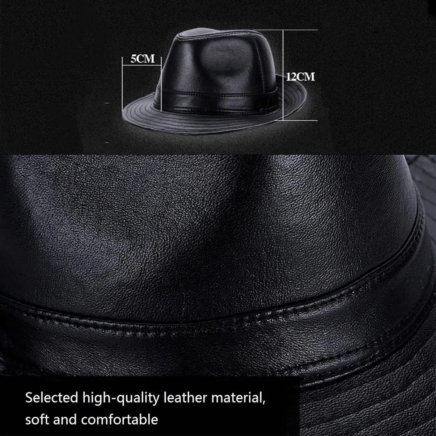 Retro Men's Hats PU Leather Jazz Fedoras Hat Adult Bowler Hats Classic Version Women's Cap Cowhide Leather Cap,Black 1,XXL(61cm62cm)