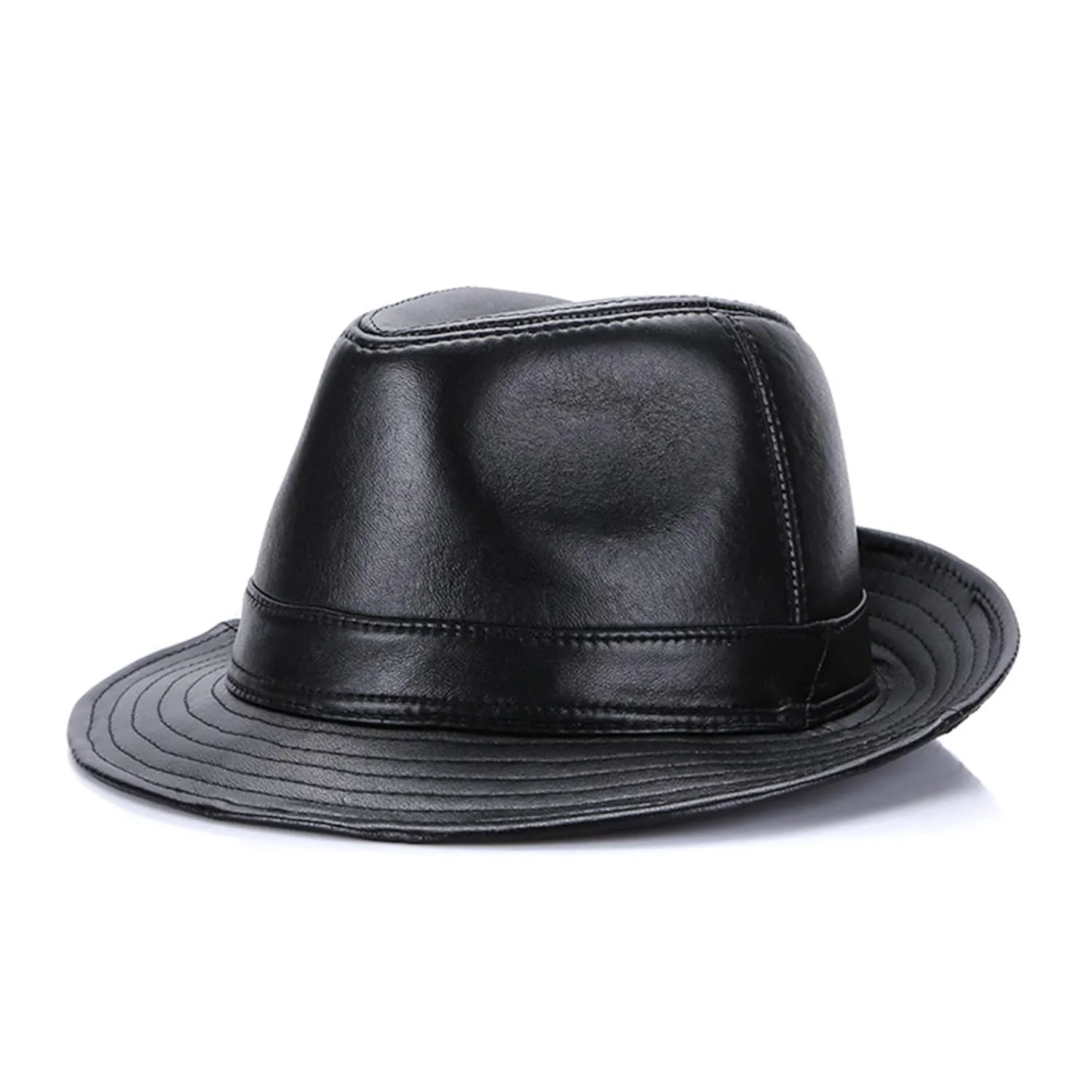 Retro Men's Hats PU Leather Jazz Fedoras Hat Adult Bowler Hats Classic Version Women's Cap Cowhide Leather Cap,Black 1,XXL(61cm62cm)