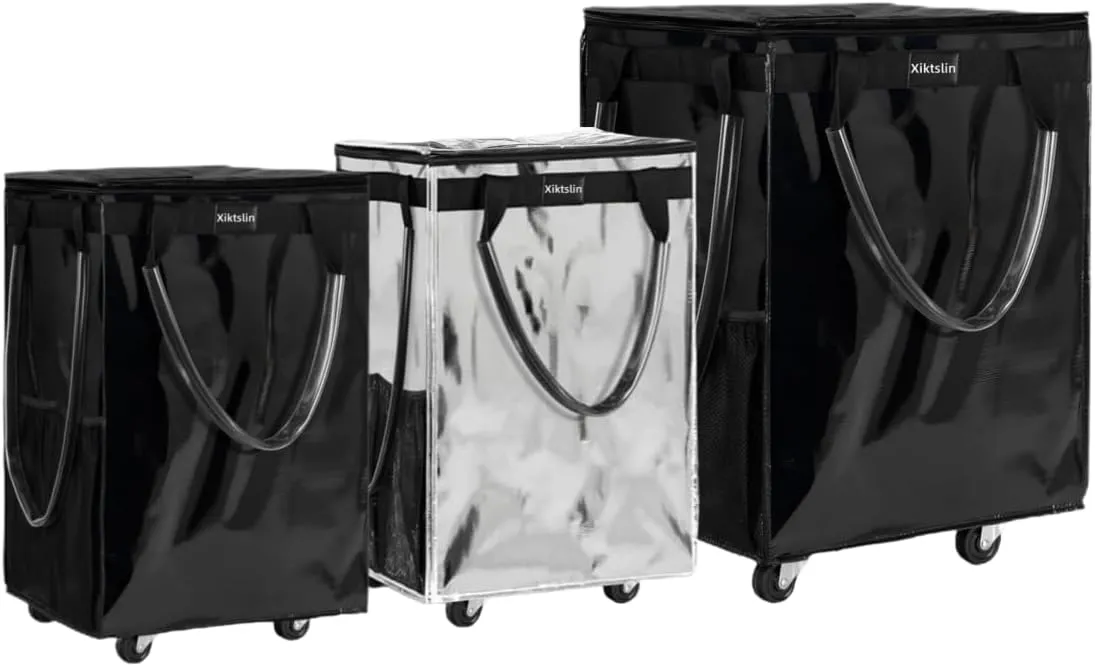 Reusable Grocery Bag on Wheels, 3 Pack Foldable Rolling Tote Capacity Shopping Trolley, Rolling Bag with Handles, Zipper Clouser Rolling Tote Bag with Wheels for Laundry