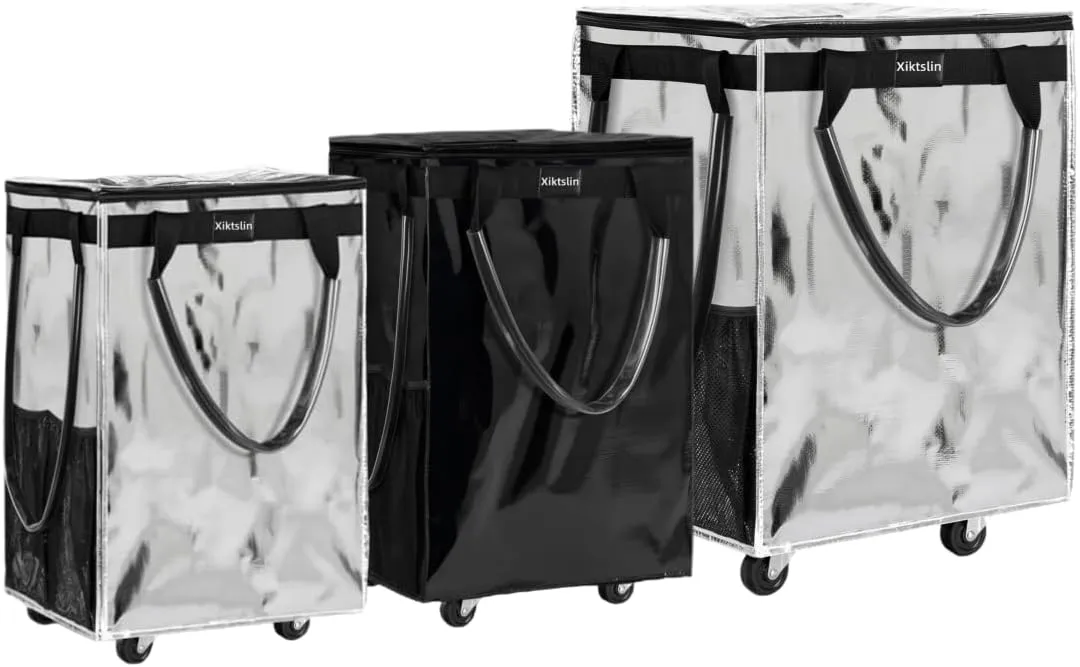 Reusable Grocery Bag on Wheels, 3 Pack Foldable Rolling Tote Capacity Shopping Trolley, Rolling Bag with Handles, Zipper Clouser Rolling Tote Bag with Wheels for Laundry