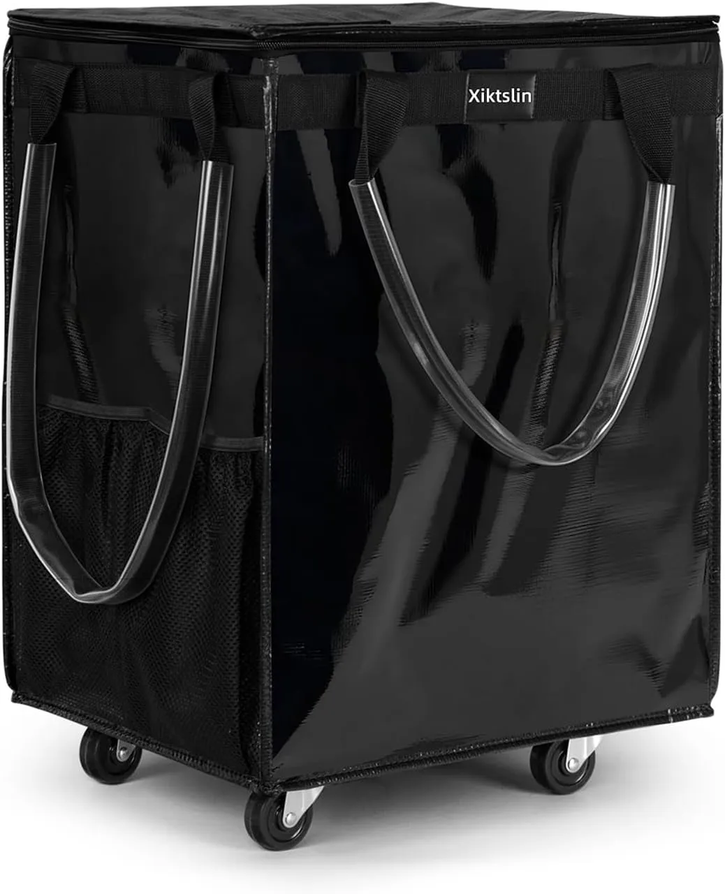 Reusable Grocery Bag on Wheels, Foldable Rolling Tote (Large, Black) 86 lbs Capacity Shopping Trolley, Rolling Bag with Handles, Zipper Clouser Rolling Tote Bag with Wheels for Laundry