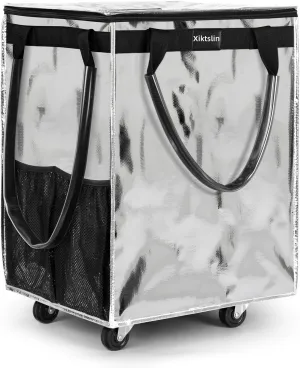 Reusable Grocery Bag on Wheels, Foldable Rolling Tote (Large,Silver) 86 lbs Capacity Shopping Trolley,Rolling Bag with Handles,Zipper Clouser Rolling Tote Bag with Wheels for Trips, Laundry