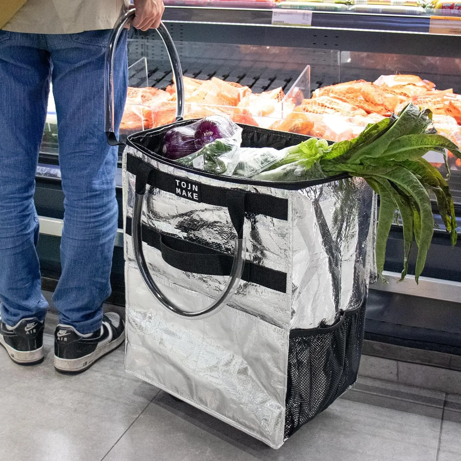 Reusable Grocery Bag On Wheels (Large, Silver) Shopping Trolley with 8 Pockets and Zipper Cover Foldable Rolling Tote, Heavy Duty Handles, Carries Up to 66 LBS
