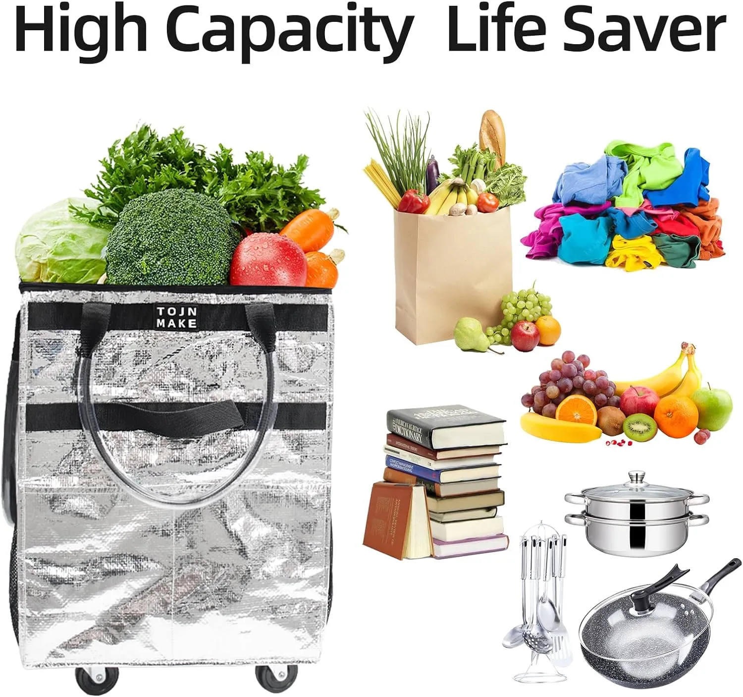 Reusable Grocery Bag On Wheels (Large, Silver) Shopping Trolley with 8 Pockets and Zipper Cover Foldable Rolling Tote, Heavy Duty Handles, Carries Up to 66 LBS