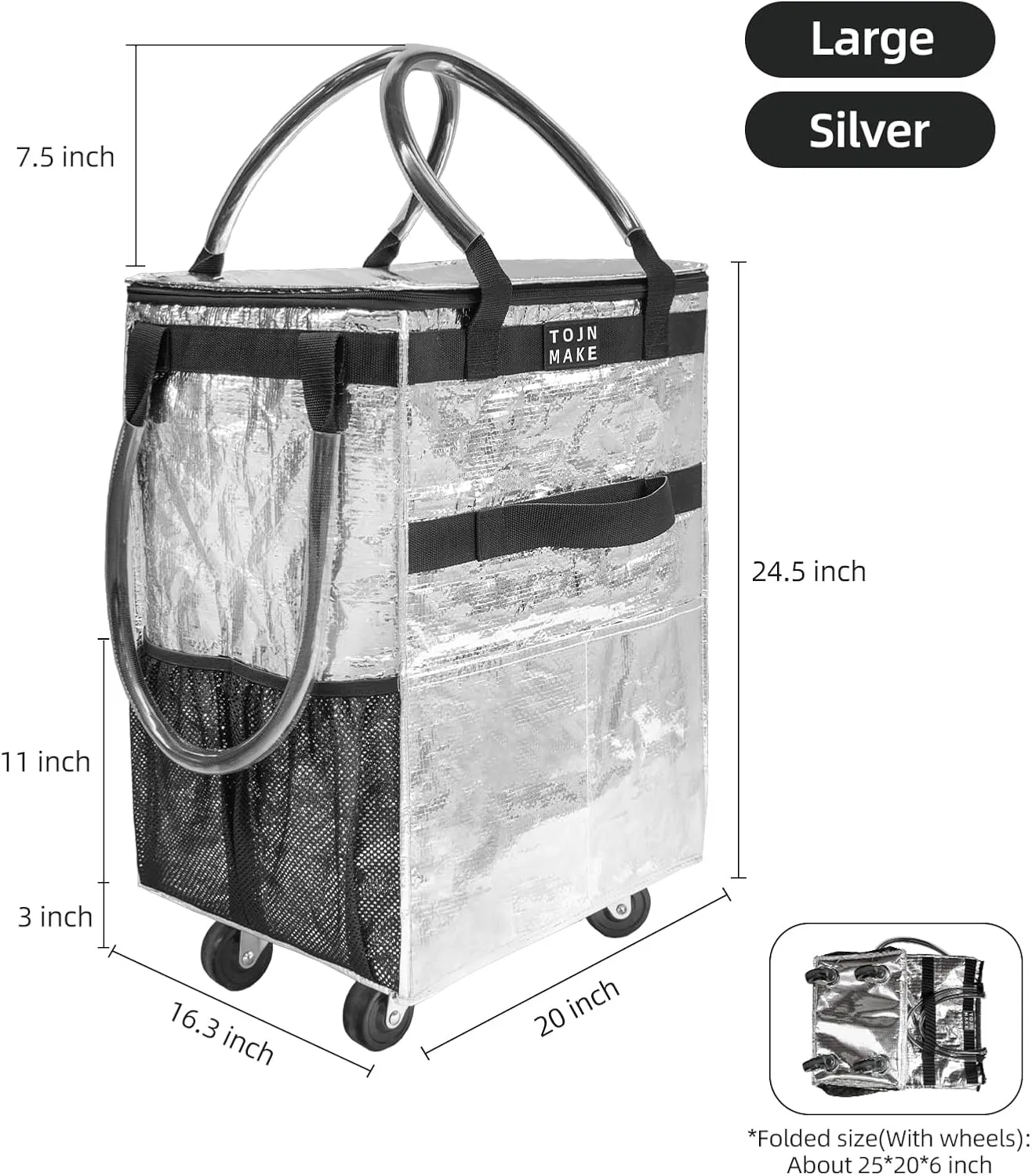 Reusable Grocery Bag On Wheels (Large, Silver) Shopping Trolley with 8 Pockets and Zipper Cover Foldable Rolling Tote, Heavy Duty Handles, Carries Up to 66 LBS