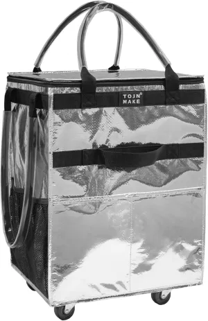 Reusable Grocery Bag On Wheels (Large, Silver) Shopping Trolley with 8 Pockets and Zipper Cover Foldable Rolling Tote, Heavy Duty Handles, Carries Up to 66 LBS