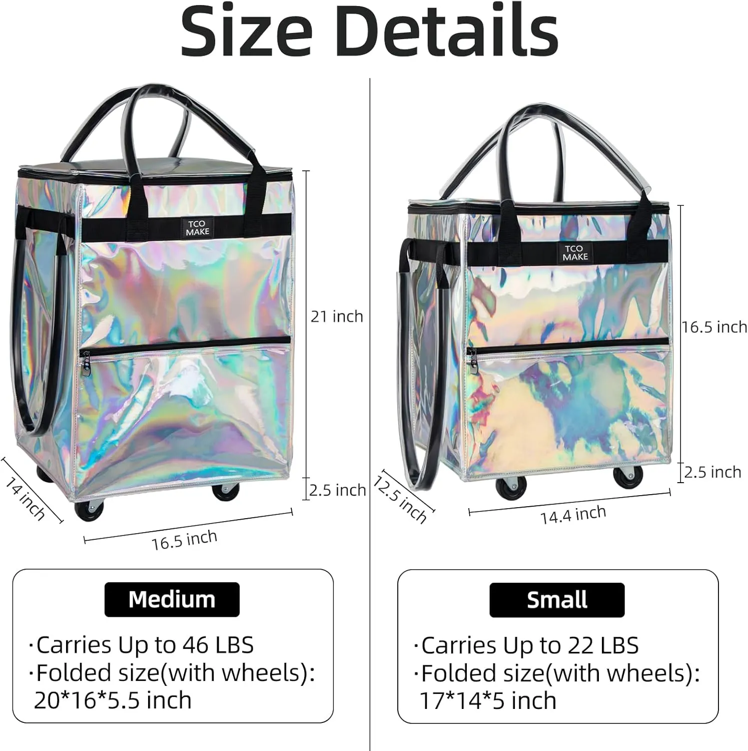 Reusable Grocery Bag on Wheels, Rolling Shopping Bags with Wheels and Handle, Folding Rolling Tote Trolley, Zipper Cover, Carries Up to 22 LBS, Easy Transportation (Small, Phantom White)