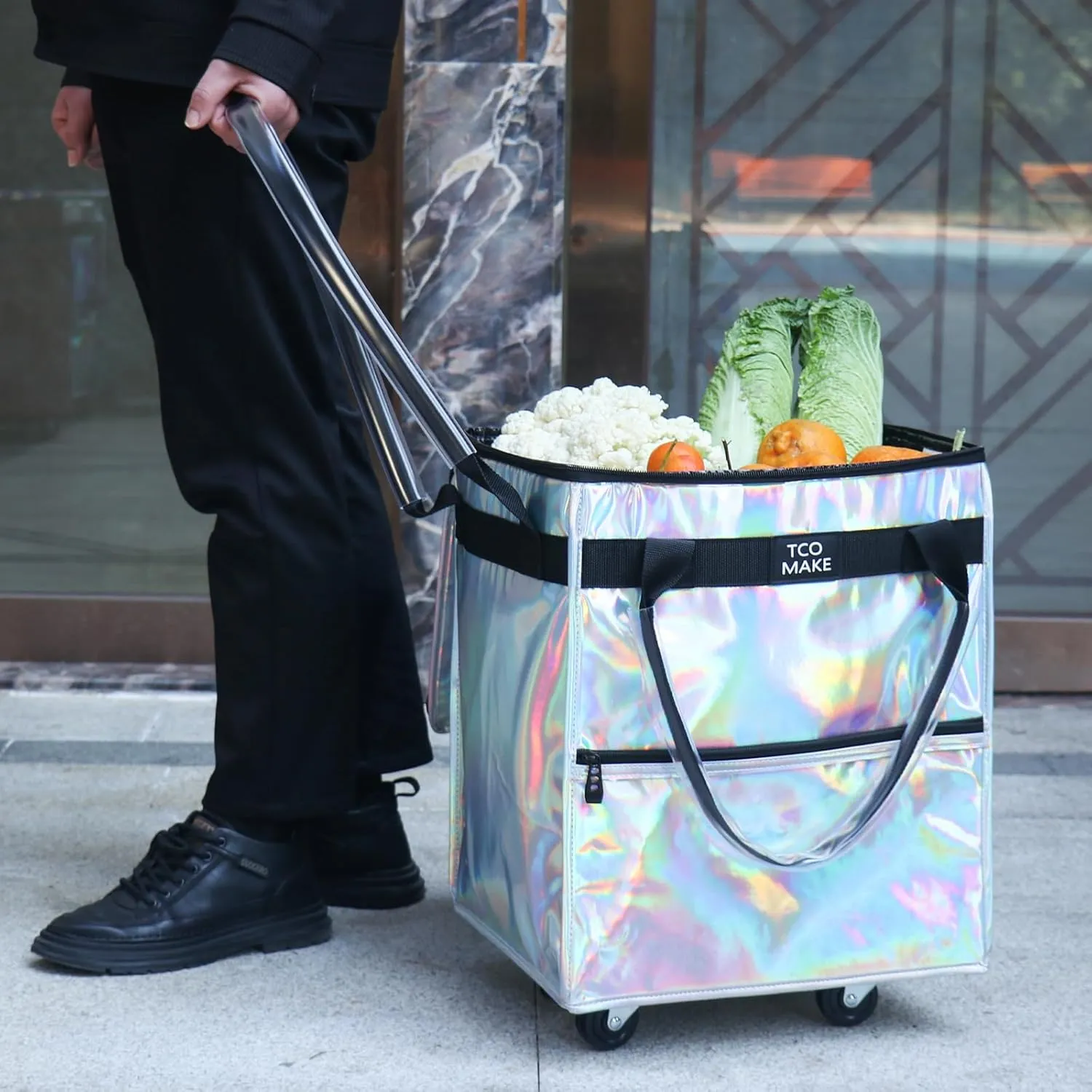 Reusable Grocery Bag on Wheels, Rolling Shopping Bags with Wheels and Handle, Folding Rolling Tote Trolley, Zipper Cover, Carries Up to 22 LBS, Easy Transportation (Small, Phantom White)