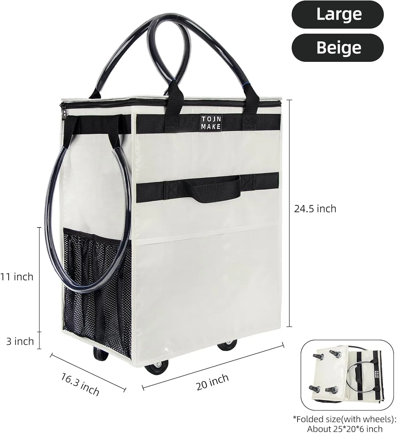 Reusable Grocery Bag On Wheels Shopping Trolley with 8 Pockets and Zipper Cover Foldable Rolling Tote, Heavy Duty Handles, Carries Up to 66 LBS (Large, Beige)