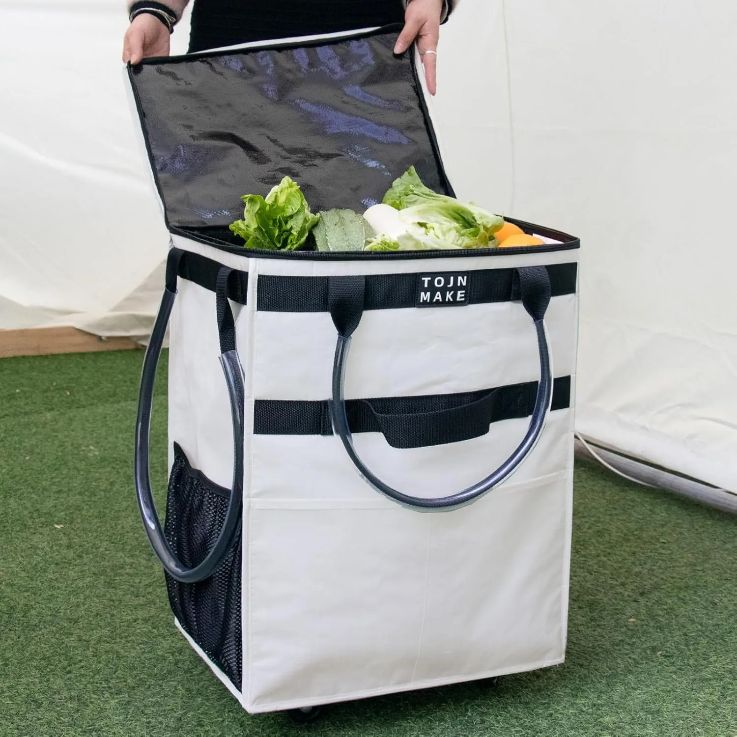 Reusable Grocery Bag On Wheels Shopping Trolley with 8 Pockets and Zipper Cover Foldable Rolling Tote, Heavy Duty Handles, Carries Up to 66 LBS (Large, Beige)