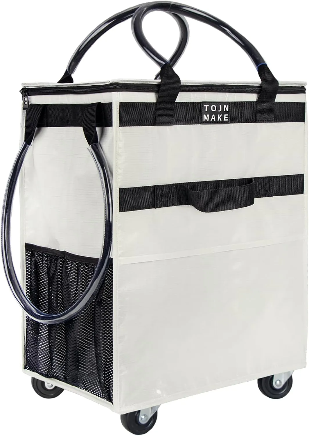 Reusable Grocery Bag On Wheels Shopping Trolley with 8 Pockets and Zipper Cover Foldable Rolling Tote, Heavy Duty Handles, Carries Up to 66 LBS (Large, Beige)