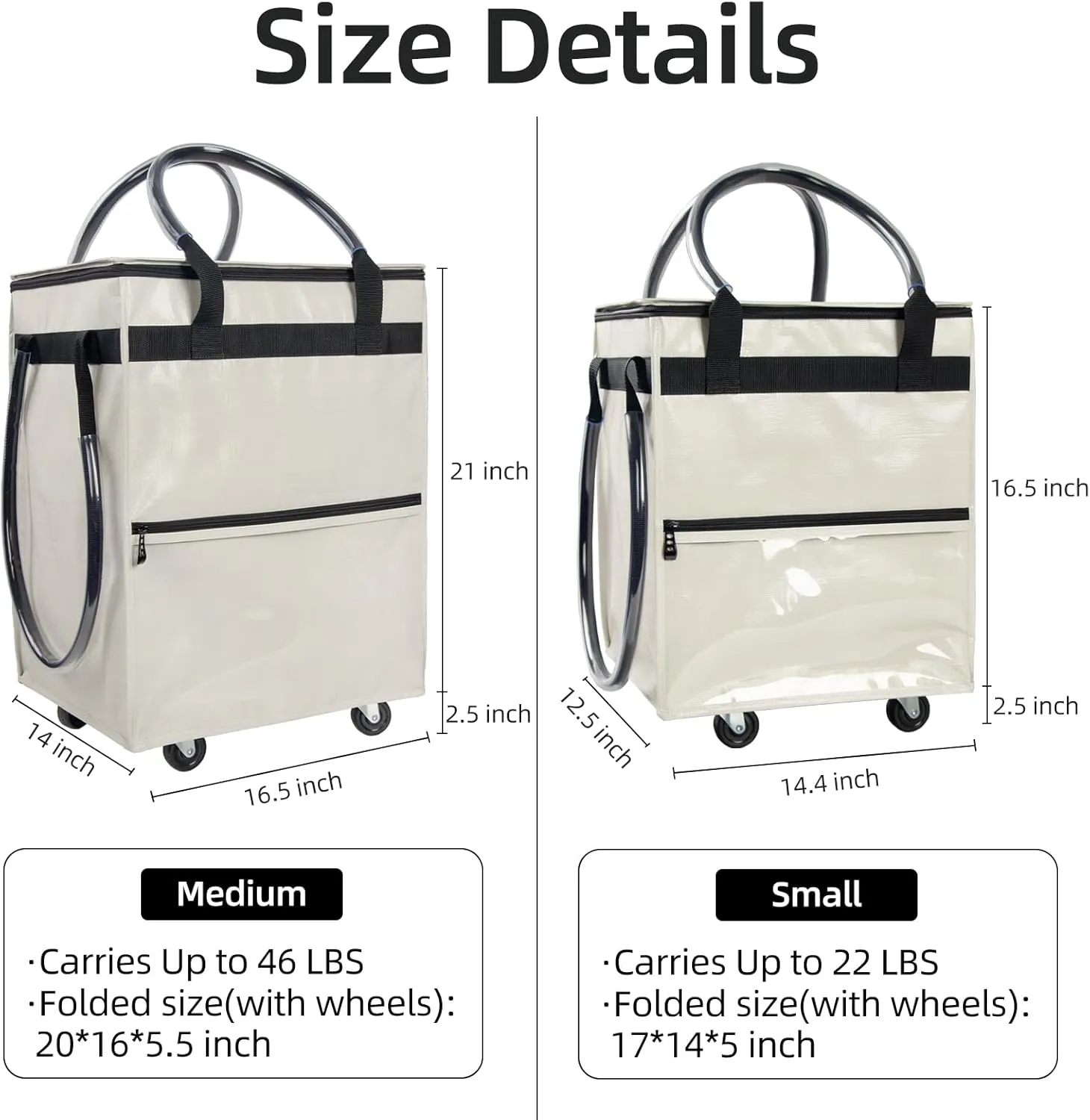 Reusable Grocery Bag on Wheels,(Small, Beige) Rolling Shopping Bags with Wheels and Handle, Folding Rolling Tote Trolley, 3 Pockets and Zipper Cover, Carries Up to 22 LBS