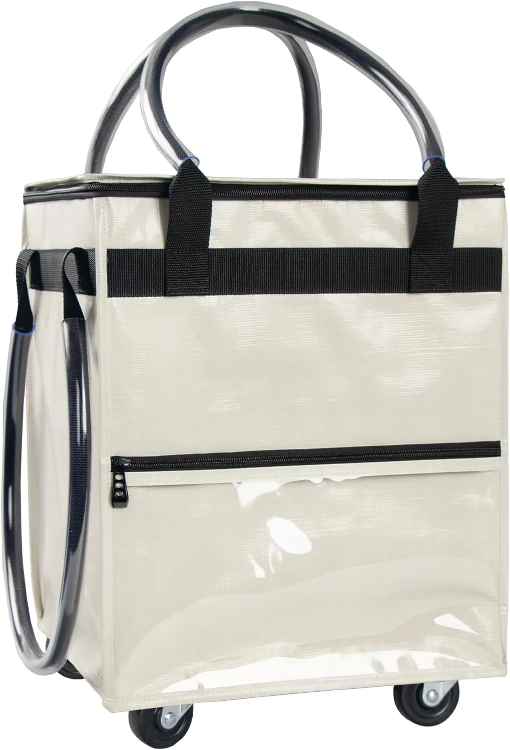 Reusable Grocery Bag on Wheels,(Small, Beige) Rolling Shopping Bags with Wheels and Handle, Folding Rolling Tote Trolley, 3 Pockets and Zipper Cover, Carries Up to 22 LBS