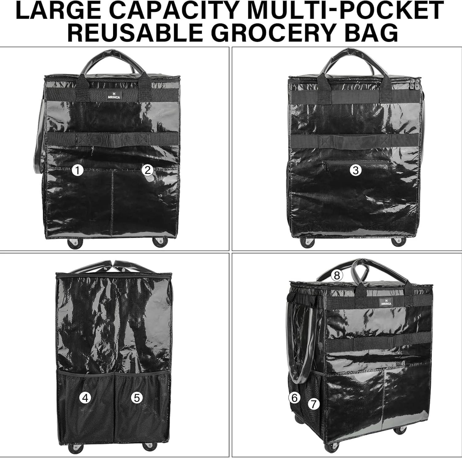 Reusable Grocery Bag with Wheels,Foldable Shopping Rolling Tote Bag,Shopping Trolley Cart with Zippered Top,Heavy Duty Handles,Lightweight,Carries Up to 46 LBS,Medium,Black
