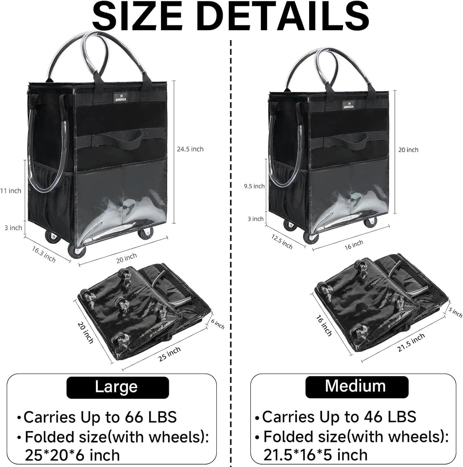 Reusable Grocery Bag with Wheels,Foldable Shopping Rolling Tote Bag,Shopping Trolley Cart with Zippered Top,Heavy Duty Handles,Lightweight,Carries Up to 46 LBS,Medium,Black