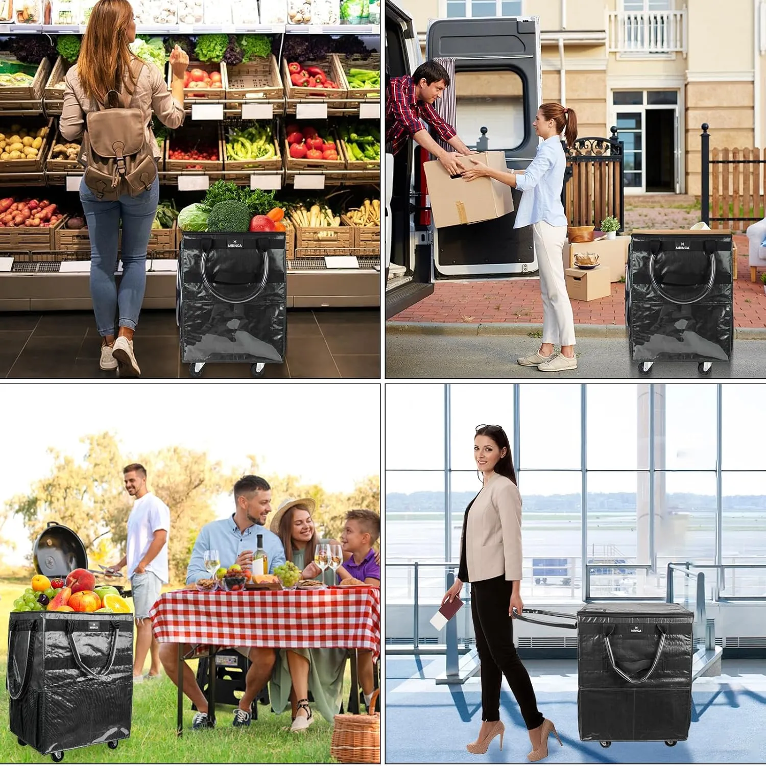Reusable Grocery Bag with Wheels,Foldable Shopping Rolling Tote Bag,Shopping Trolley Cart with Zippered Top,Heavy Duty Handles,Lightweight,Carries Up to 46 LBS,Medium,Black