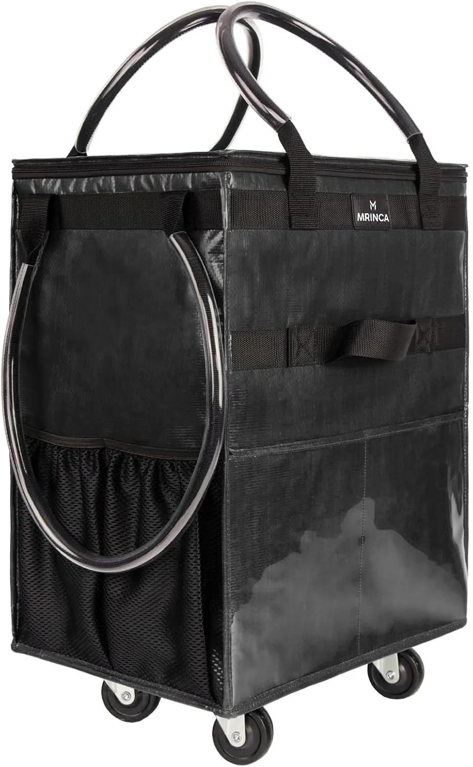 Reusable Grocery Bag with Wheels,Foldable Shopping Rolling Tote Bag,Shopping Trolley Cart with Zippered Top,Heavy Duty Handles,Lightweight,Carries Up to 46 LBS,Medium,Black