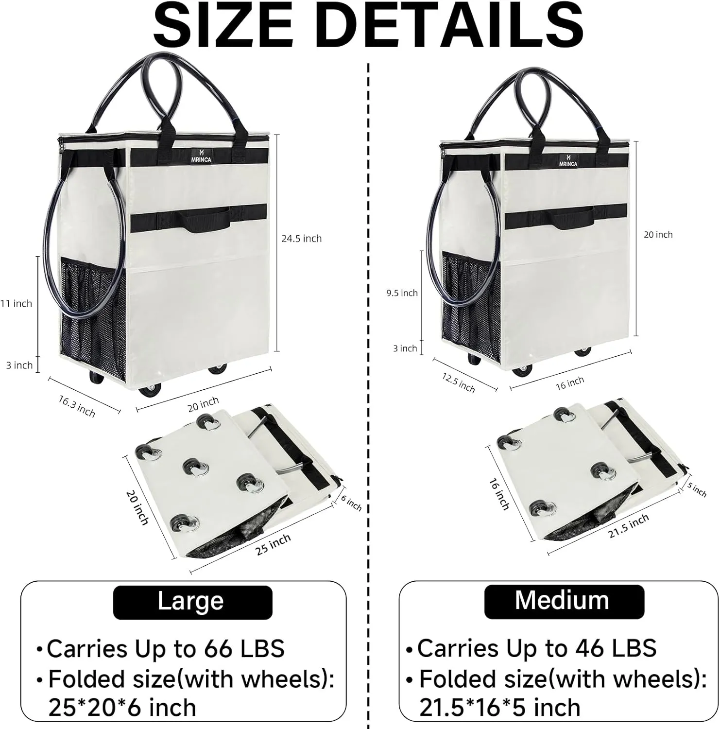 Reusable Grocery Bag with Wheels,Foldable Shopping Rolling Tote Bag,Shopping Trolley Cart with Zippered Top,Heavy Duty Handles,Lightweight,Carries Up to 66 LBS,Large,Beige
