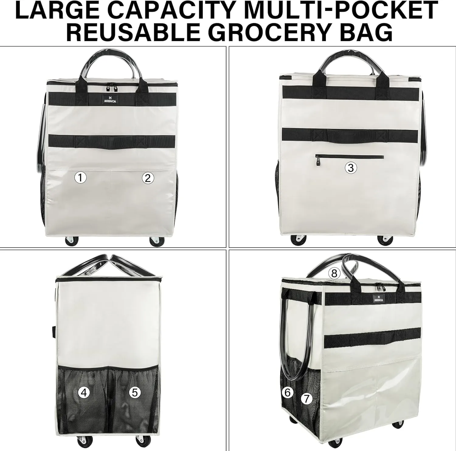 Reusable Grocery Bag with Wheels,Foldable Shopping Rolling Tote Bag,Shopping Trolley Cart with Zippered Top,Heavy Duty Handles,Lightweight,Carries Up to 66 LBS,Large,Beige