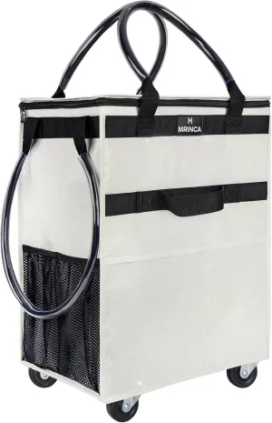 Reusable Grocery Bag with Wheels,Foldable Shopping Rolling Tote Bag,Shopping Trolley Cart with Zippered Top,Heavy Duty Handles,Lightweight,Carries Up to 66 LBS,Large,Beige