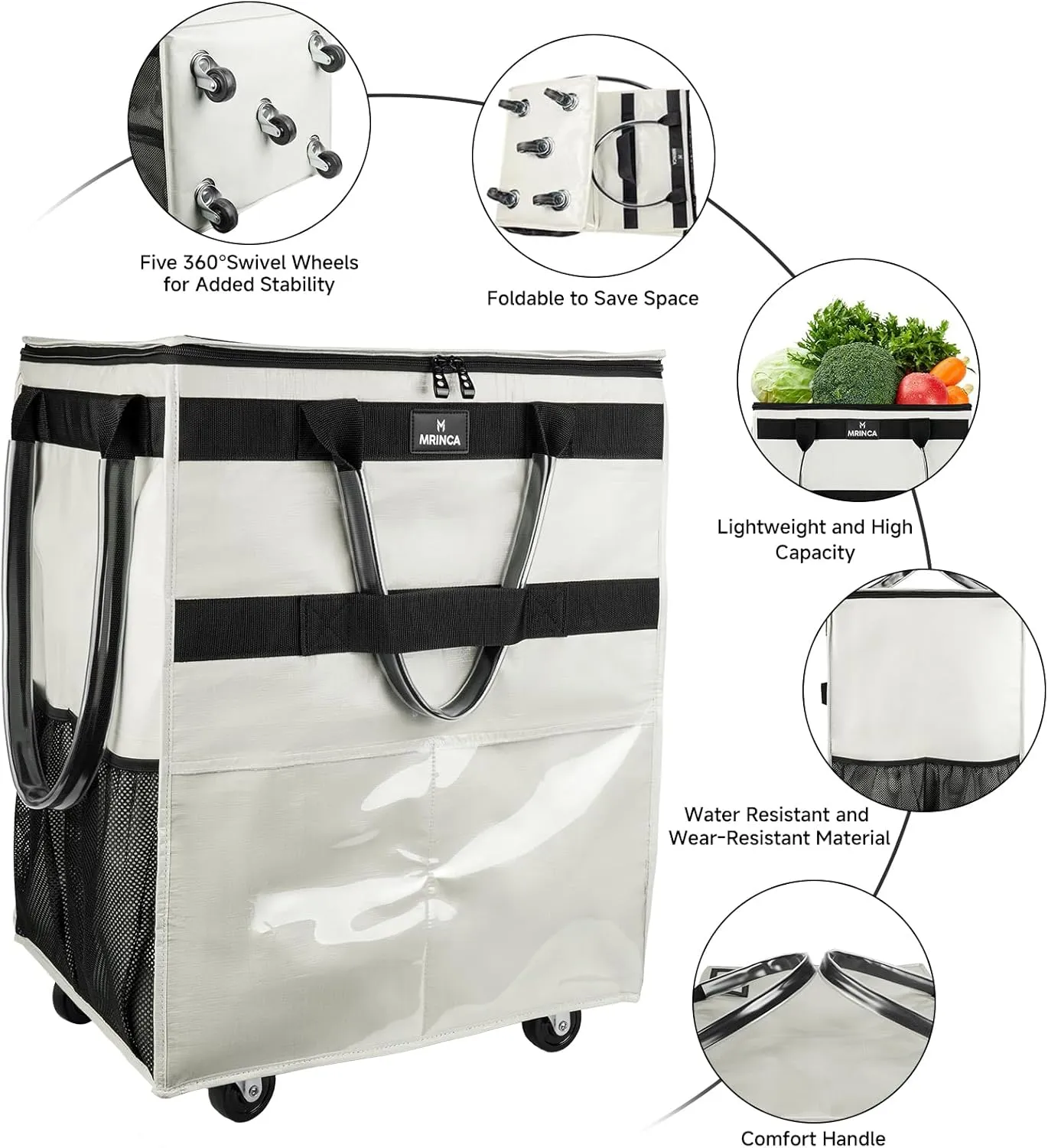 Reusable Grocery Bag with Wheels,Foldable Shopping Rolling Tote Bag,Shopping Trolley Cart with Zippered Top,Heavy Duty Handles,Lightweight,Carries Up to 66 LBS,Large,Beige
