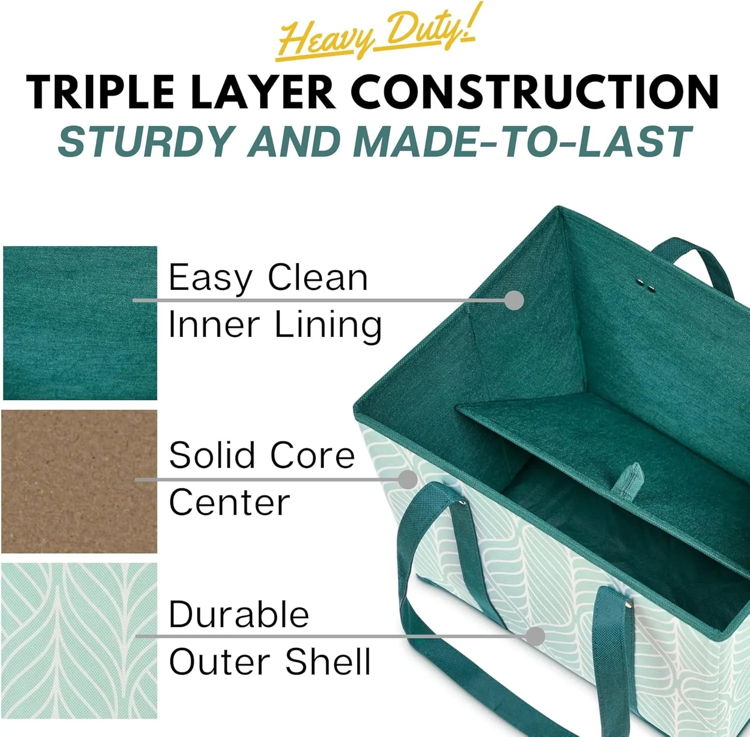 Reusable Grocery Bags (3 Pack) – Heavy Duty Reusable Shopping Bags for Groceries with Box Shape to Stand Up, Stay Open, Fold Flat – Large Tote-Bag is Foldable with Long Handles & Hard Bottom (Green)