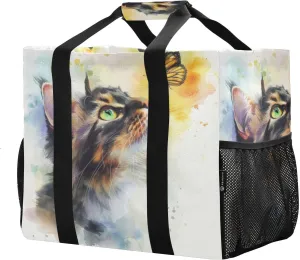 Reusable Grocery Bags, Foldable Shopping Bags with Carrying Handles Reinforced Bottom Durable Oxford Fabric, Extra Large Utility Tote Bag for Beach Laundry Watercolour Civet Cat
