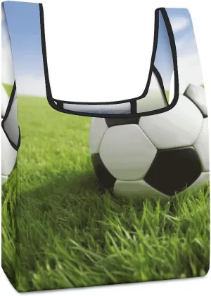 Reusable Grocery Bags Shopping Tote Bags Tote Bag Soccer Ball On Grassy Printed Shopping Bags Groceries Tote Bag For Groceries Shopping 16.5 X 15.4 In