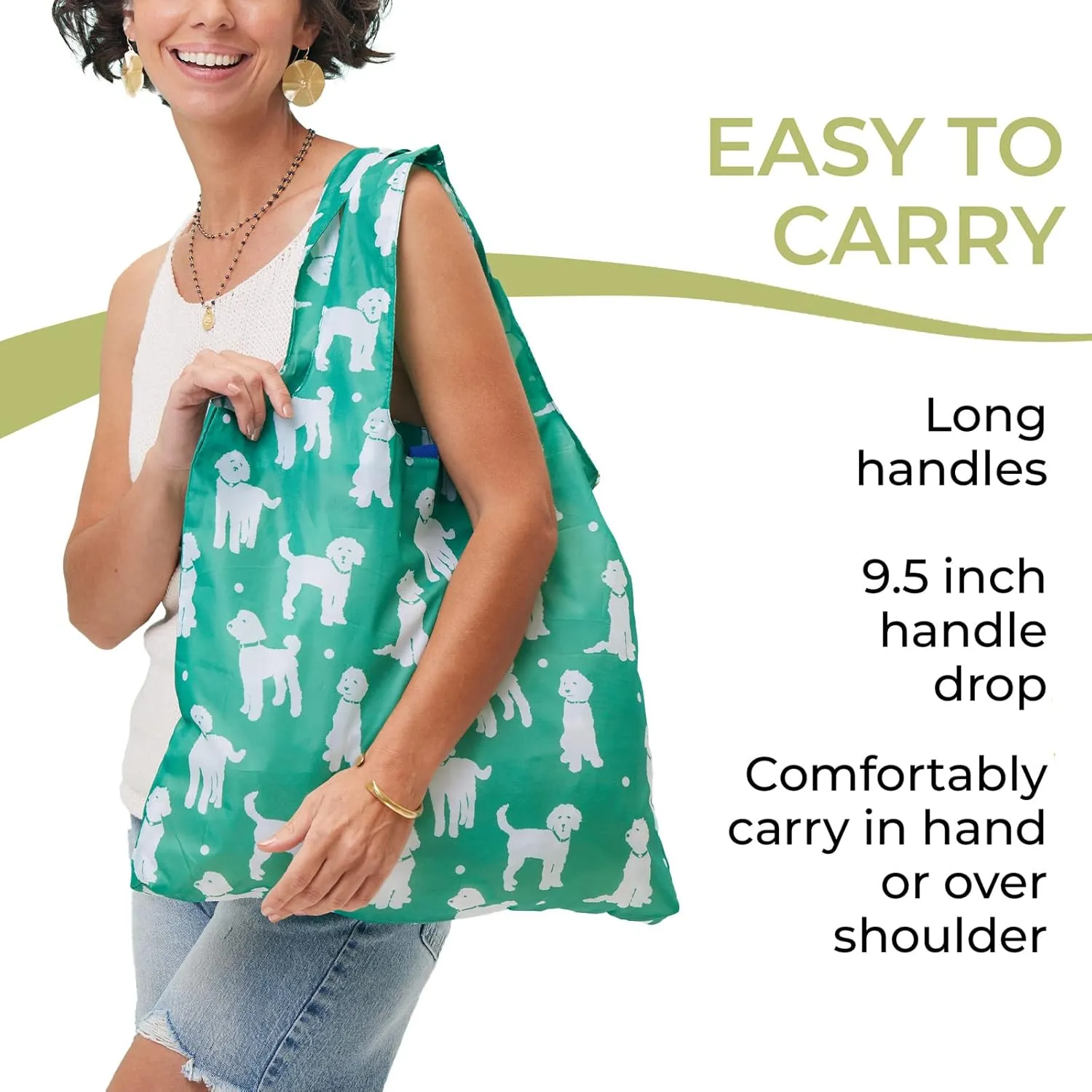 Reusable Grocery Bags - Washable, Foldable, Packable Tote, Large Handles, Heavy Duty, Zippered Top Pouch