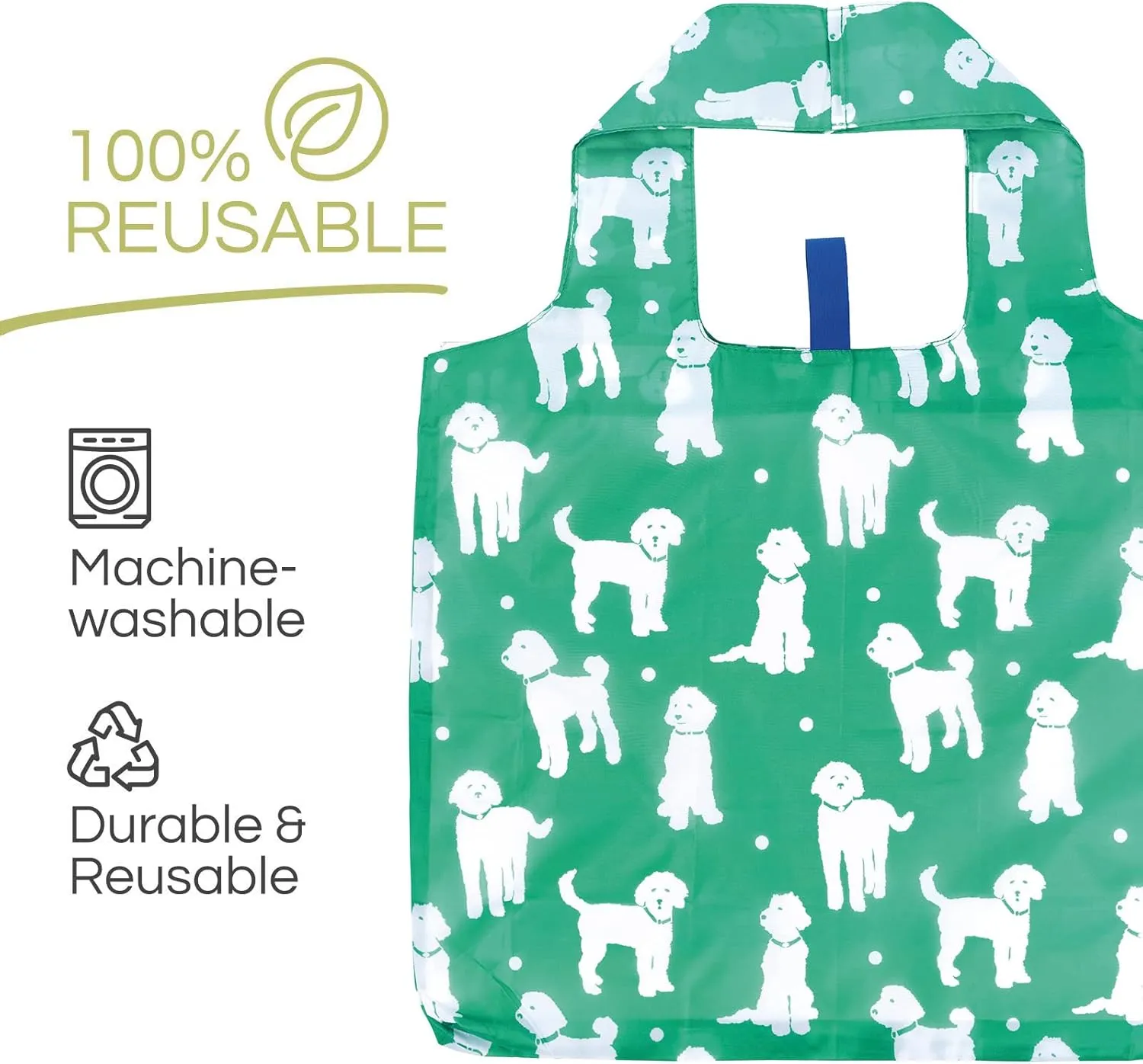 Reusable Grocery Bags - Washable, Foldable, Packable Tote, Large Handles, Heavy Duty, Zippered Top Pouch