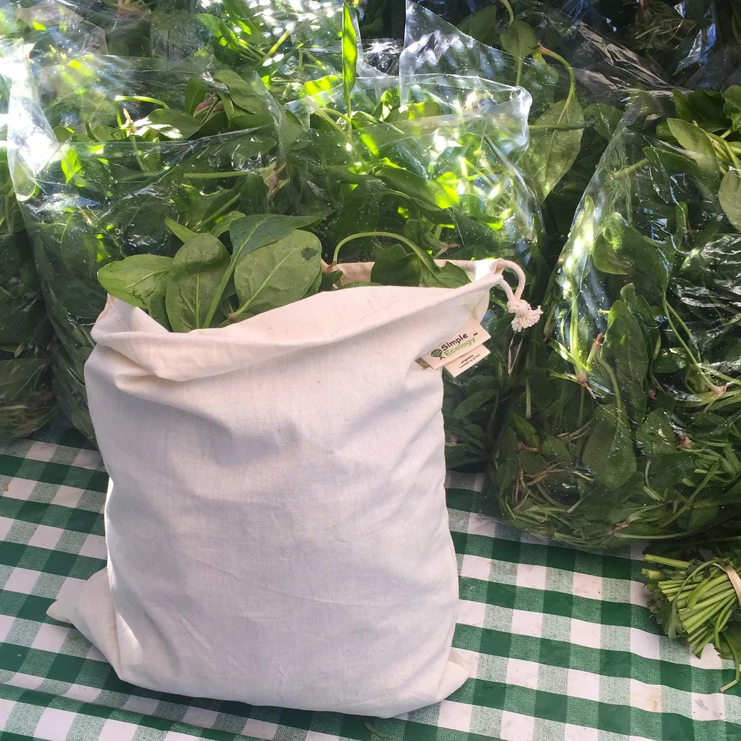 Reusable Grocery Shopping 8 Bag Gift or Starter Set, Washable, Durable, Organic Cotton, Natural with Blue