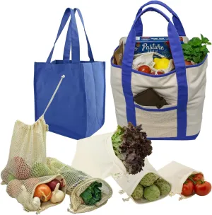 Reusable Grocery Shopping 8 Bag Gift or Starter Set, Washable, Durable, Organic Cotton, Natural with Blue