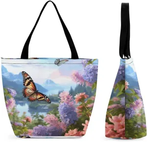 Reusable Shopping Bags for Women Large Grocery Bags Travel Tote Bags Butterfly Garden Shoulder Bag for Work
