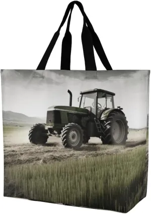Reusable Shopping Bags,Tractor Agriculture Tranquil Printed Portable Tote Bags,Foldable Handbag,Washable Lightweight Medium Grocery Shopping Cloth Bag
